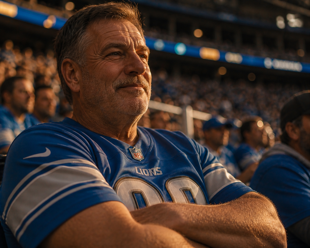 Detroit Lions fan at Ford Field smiling after years of loyalty Father's Day 2026