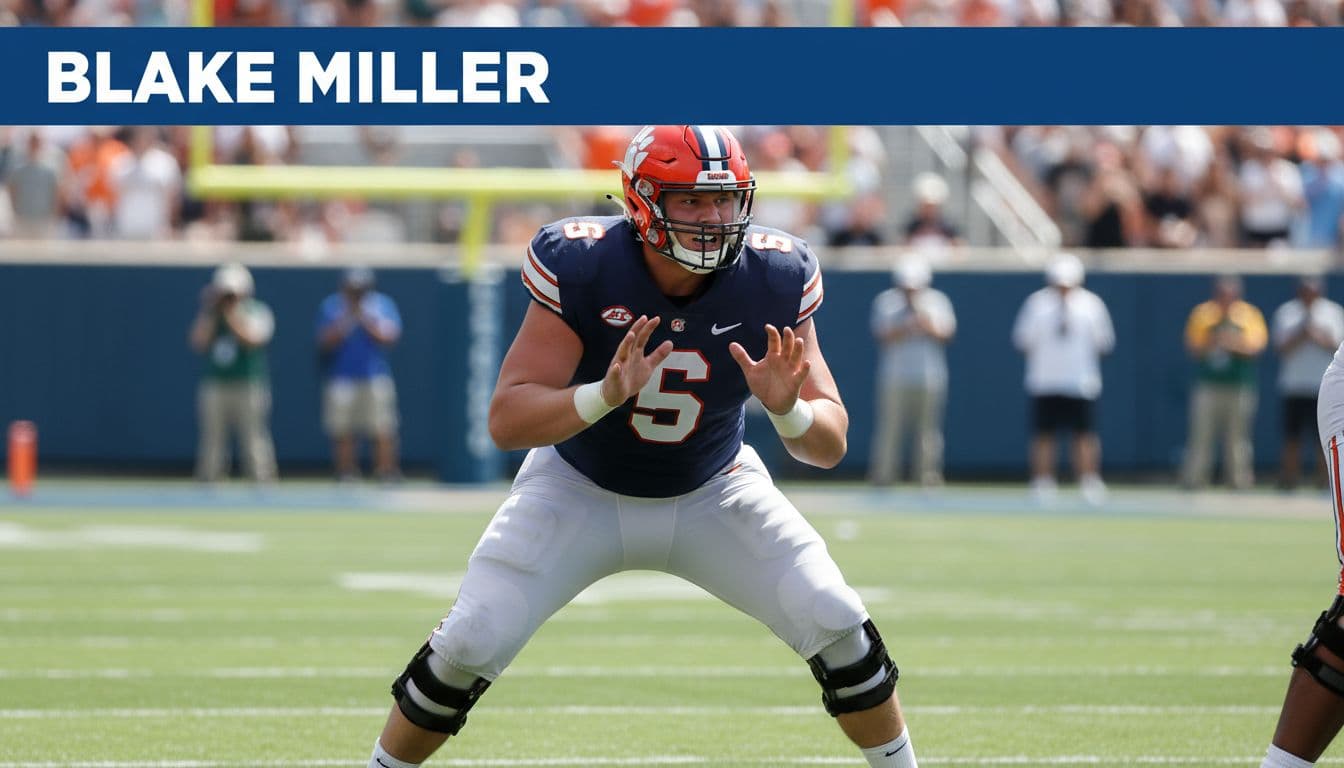Blake Miller, a college offensive tackle prospect, powerfully blocks on the line during a football game in a bright daylight stadium with grassy field. Close-up on his stance, mean expression, and dynamic motion blur, featuring a bold editorial blue headline band with 'BLAKE MILLER' at the top.