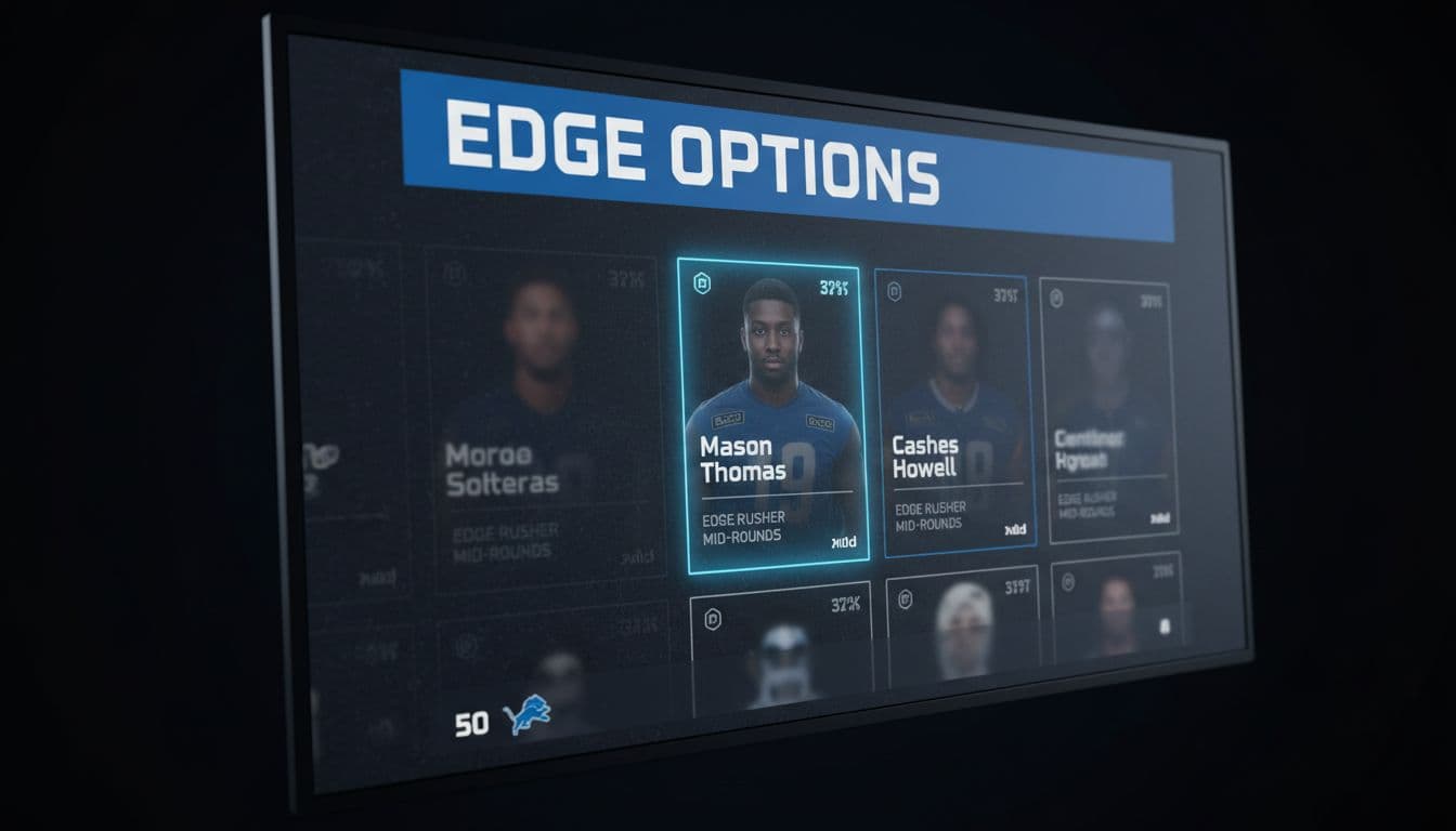 Mock draft simulator interface displaying available mid-round edge rushers like Mason Thomas and Cashes Howell for the Detroit Lions, featuring a dark background, player cards, and bold 'EDGE OPTIONS' header in blue.