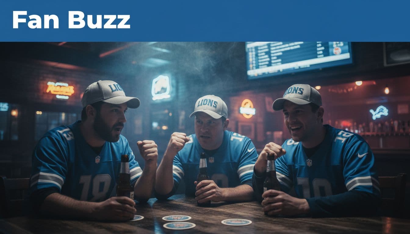 Three passionate Detroit Lions fans in Honolulu blue jerseys and silver hats huddle in a dim, gritty bar with faint smoke, their faces glowing from a wall-mounted TV showing a blurred NFL draft board. Relaxed hands hold beer bottles on a wooden table amid coasters, capturing camaraderie, excitement, and intense focus in moody lighting with neon accents and 'Fan Buzz' branding.
