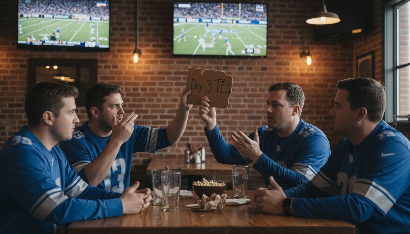 High-resolution cinematic shot of four passionate Detroit Lions fans in blue and silver apparel discussing Day 3 tight end prospects in a classic sports bar with exposed brick walls and out-of-focus college football on TVs.