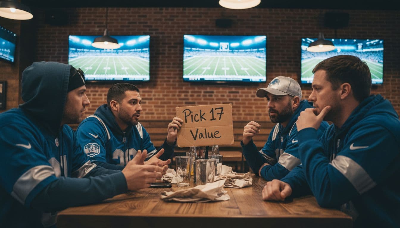 Cinematic photo-realistic shot of four passionate Detroit Lions fans in blue and silver apparel discussing draft trades in a classic exposed-brick sports bar, one holding a 'Pick 17 Value' cardboard sign amid warm lighting and blurred football TVs.