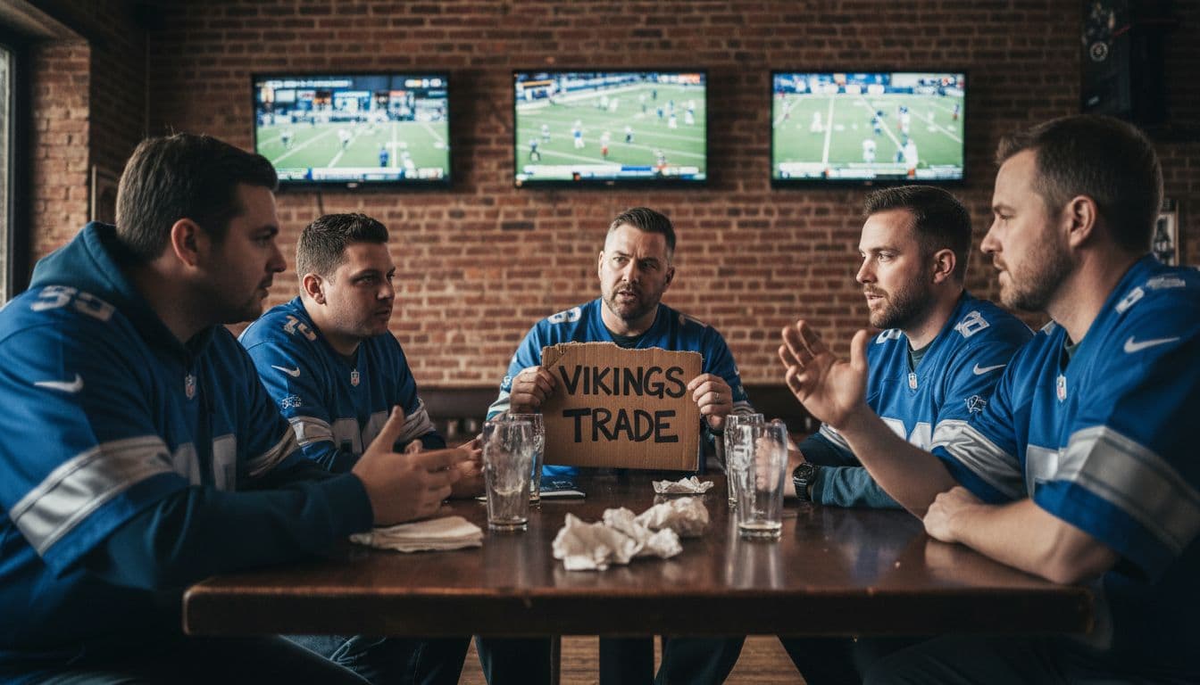 Cinematic photo-realistic shot in a classic Detroit sports bar with four men in blue and silver apparel at a wooden table discussing NFL draft trades, one holding a 'Vikings Trade' cardboard sign, with out-of-focus TV football highlights in the background.