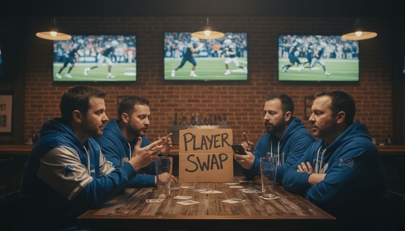 High-resolution photo-realistic cinematic shot of four passionate men in blue and silver Lions fan apparel debating player trades for draft picks in a classic Detroit-style sports bar with exposed brick walls and out-of-focus TV screens showing football action.