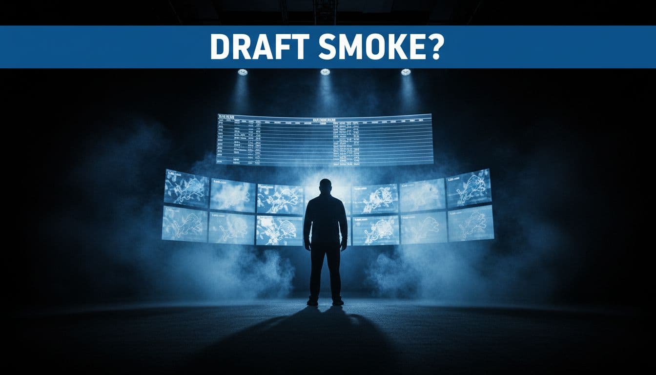 High-contrast cinematic NFL draft war room in Detroit with Honolulu blue and silver accents, featuring a silhouetted general manager before glowing monitors and drifting blue-tinted smoke, capturing secretive pre-draft rumor atmosphere.