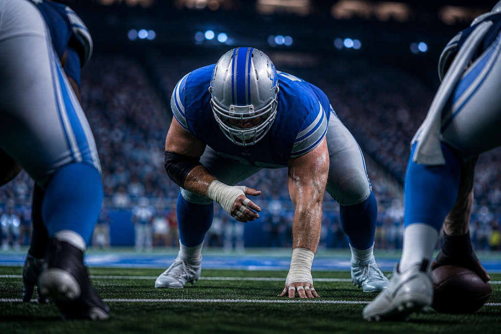 Detroit Lions 2026 Draft Class offensive lineman Blake Miller in game action at Ford Field
